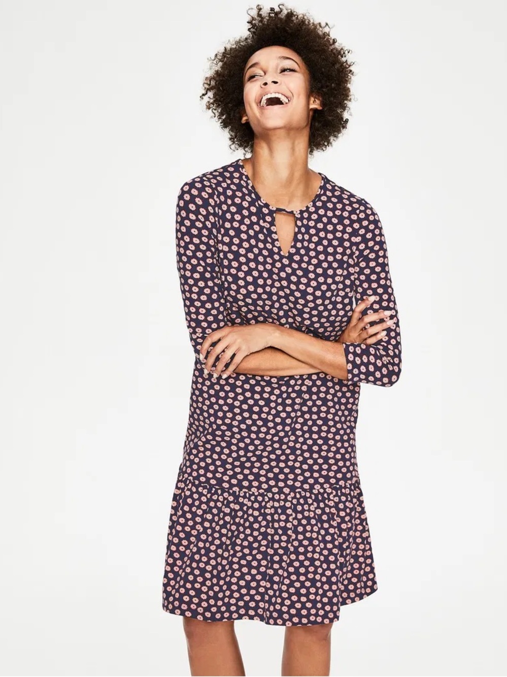 Boden Selena Jersey Knit Dress Size US 8 R Floral Navy Keyhole Neck Peplum Hem